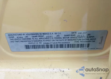 2007 Volkswagen Jetta Sedan из США, поврежденный, VIN 3VWWJ71K47M156403